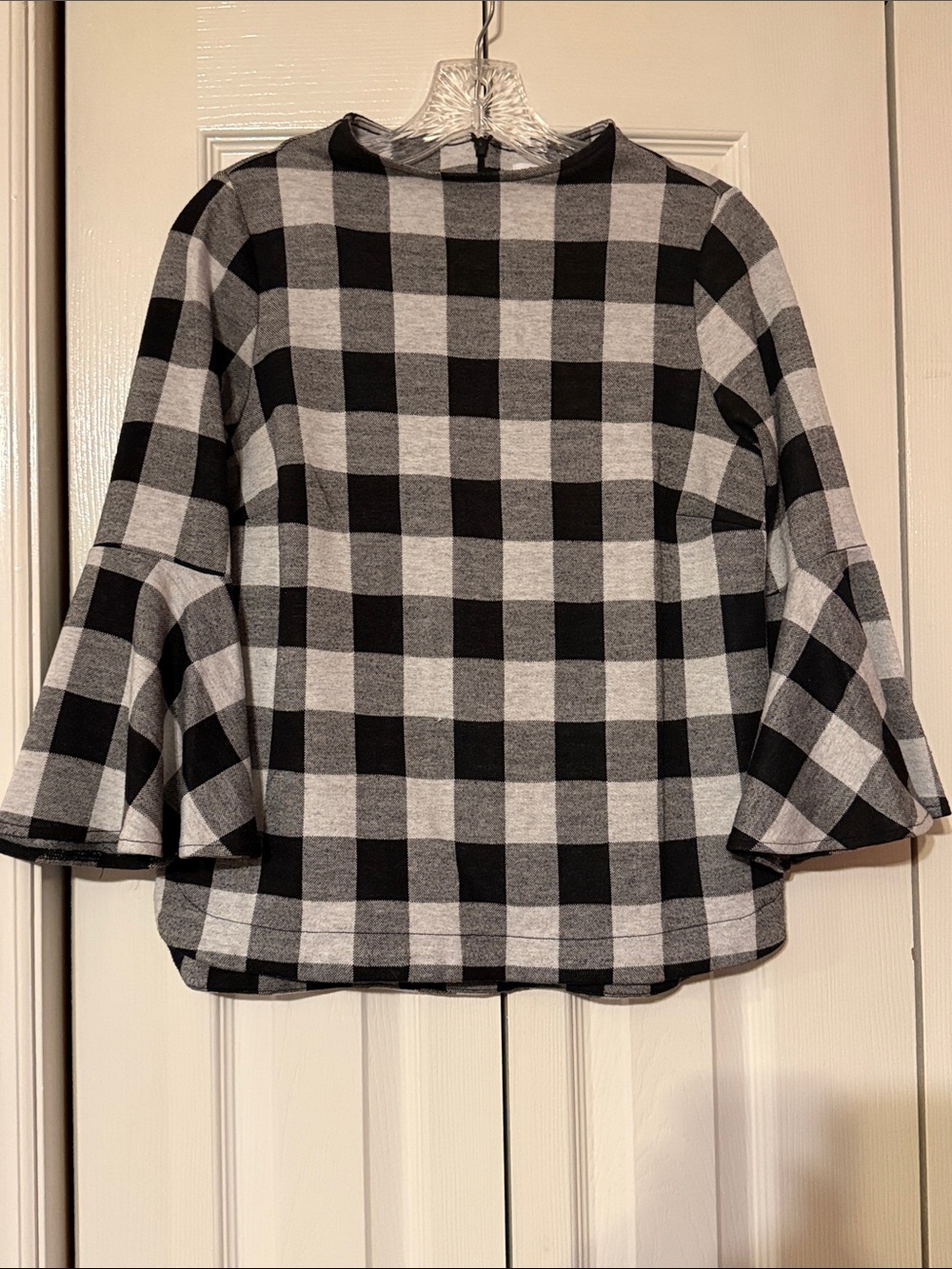 Crown and Ivy Black and Gray Plaid Bell Sleeve Top